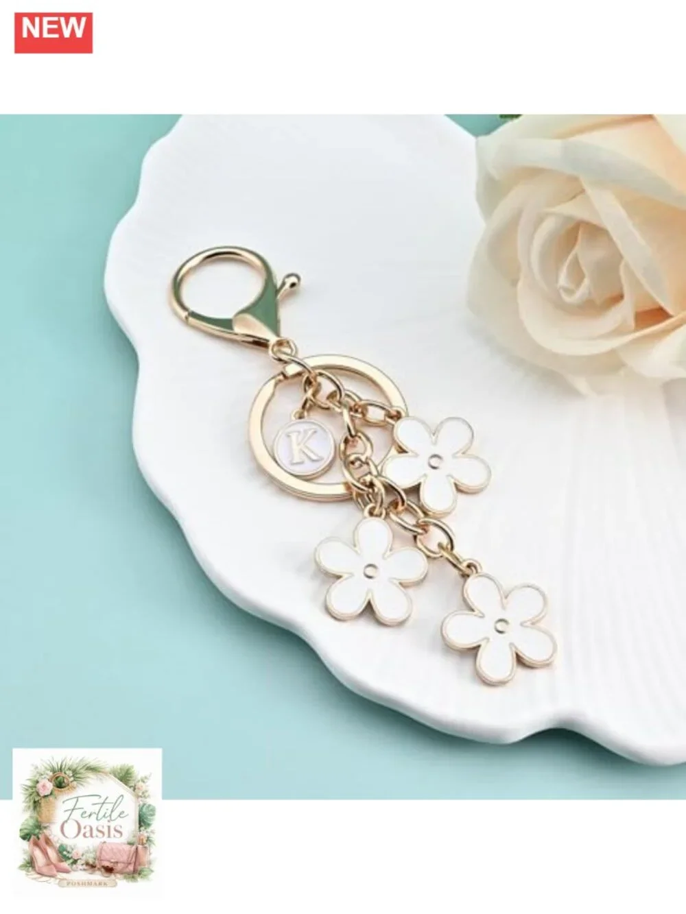 Personalized Initial Keychain Bag Charm Floral Zinc Alloy Gift